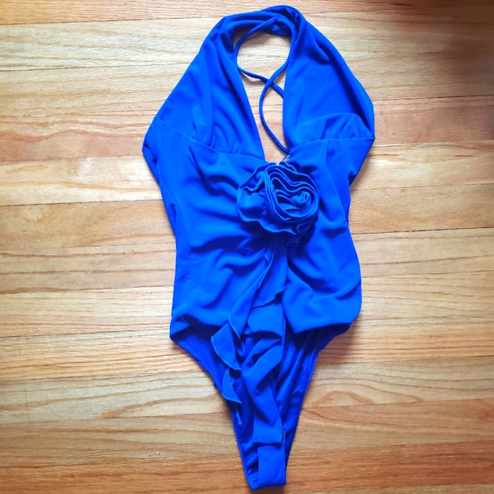 Zara Womens blue 1 piece swim suit with flower design v neck NWT